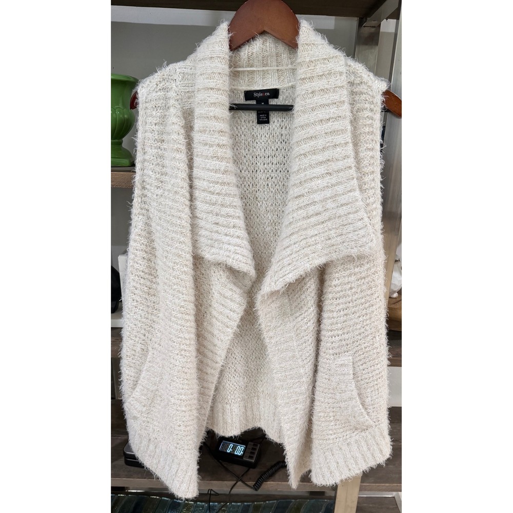 Style & Co Ivory Eyelash Knit Open Front Draped Shawl Collar Vest Medium